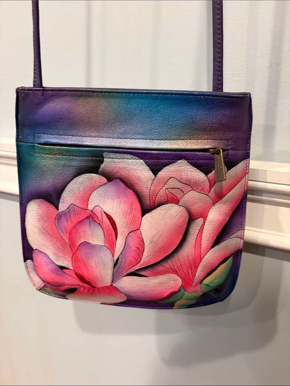 Anuschka Purple Floral Crossbody Bag with Pink Magnolia Design